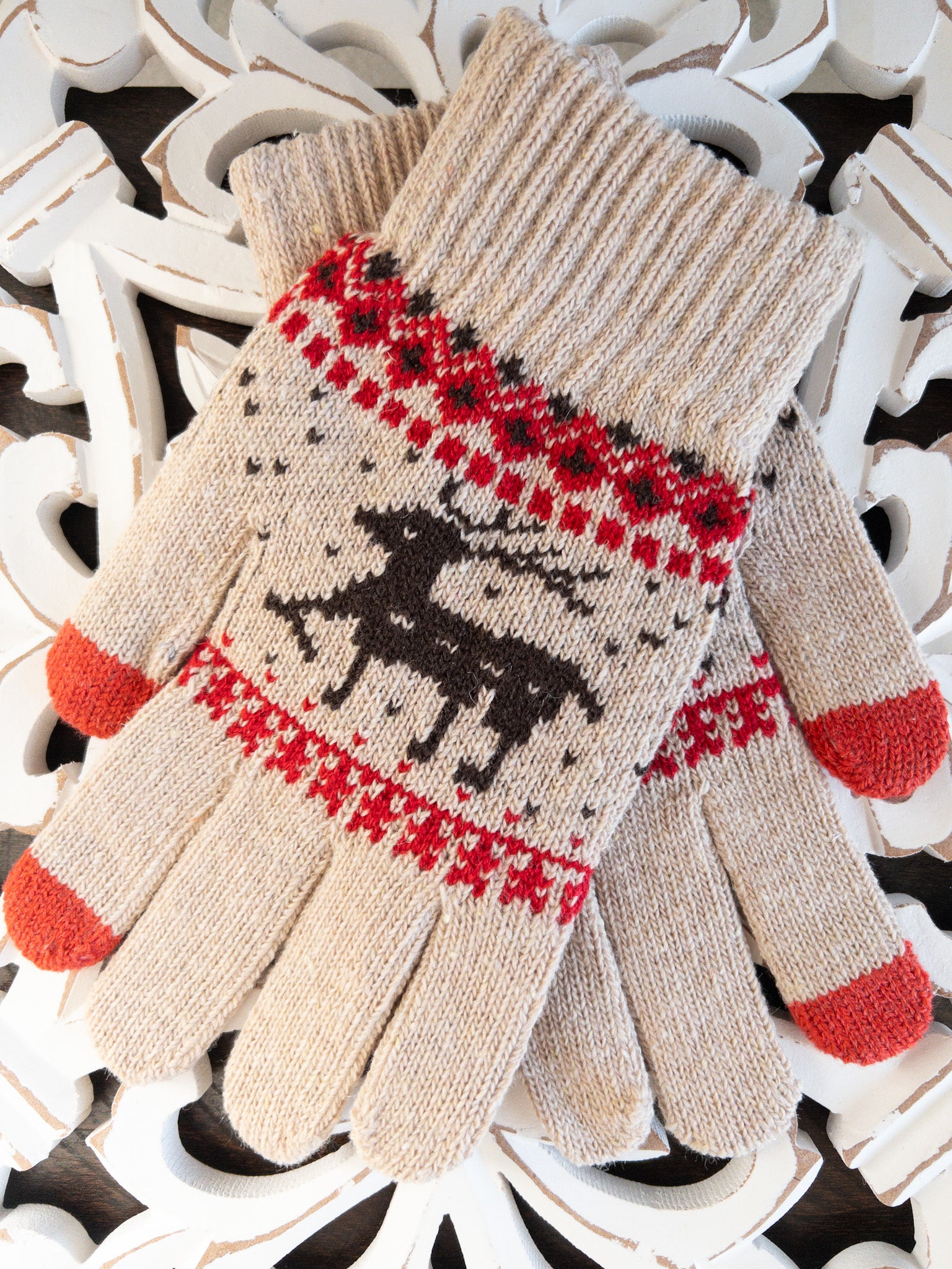HOLIDAY TOUCHSCREEN GLOVES - SAND/RED